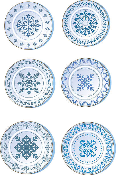 Six white plates with blue designs vector art illustration