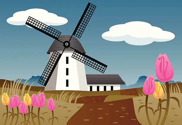 Vector illustration of Cartoon picture of a windmill with tulips in the foreground