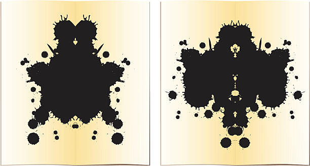 Inkblot tests "Pair of Rorschach-like inkblots, made from the same splatter. Halves are separate objects, so they can be manipulated individually. Folded paper on separate layer. AI CS2 file included." pareidolia stock illustrations