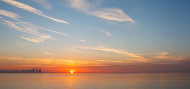 istock Panoramic cloudy horizon background. Ogange sunset sky and sea 1650635565