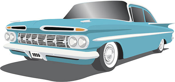 illustrazioni stock, clip art, cartoni animati e icone di tendenza di classico car - 1959 chevrolet impala - retro revival cruise hood car