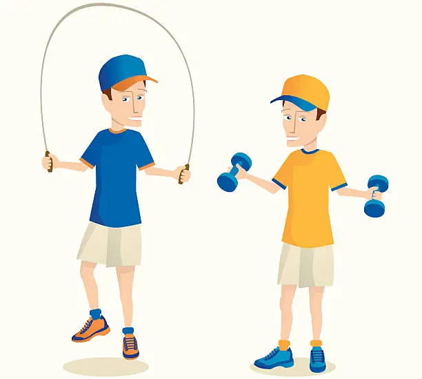 Vector illustration of Man with skipping rope and dumbbells