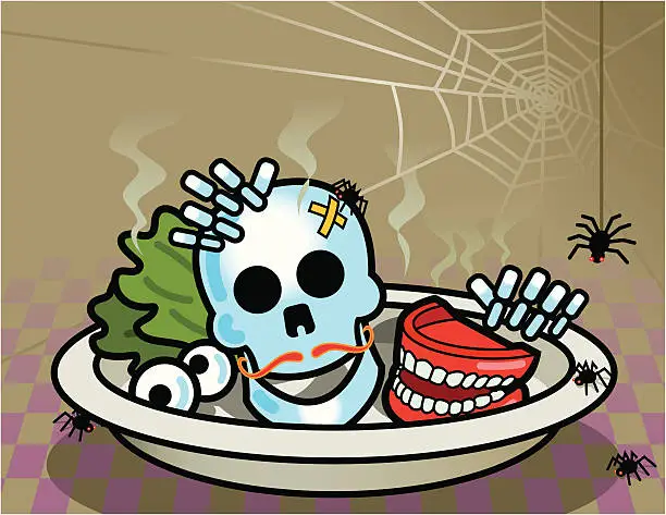 Vector illustration of Cartoon Skull, Denture Served on Plate, Halloween Theme Vector