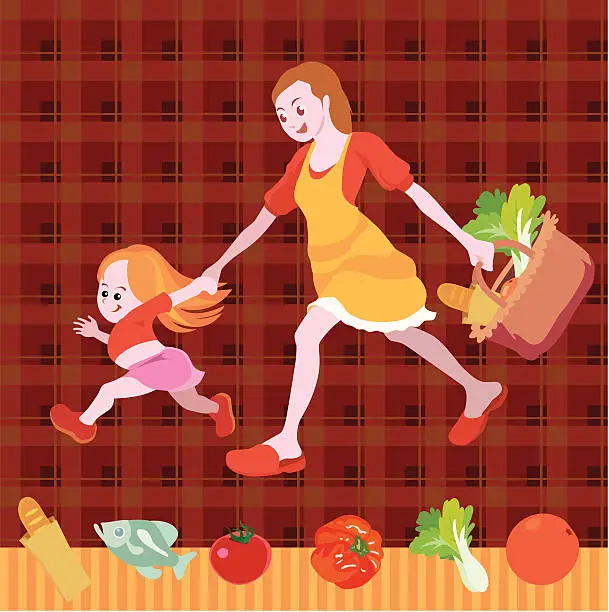 Vector illustration of mother and daughter  shopping for groceries on seamless background