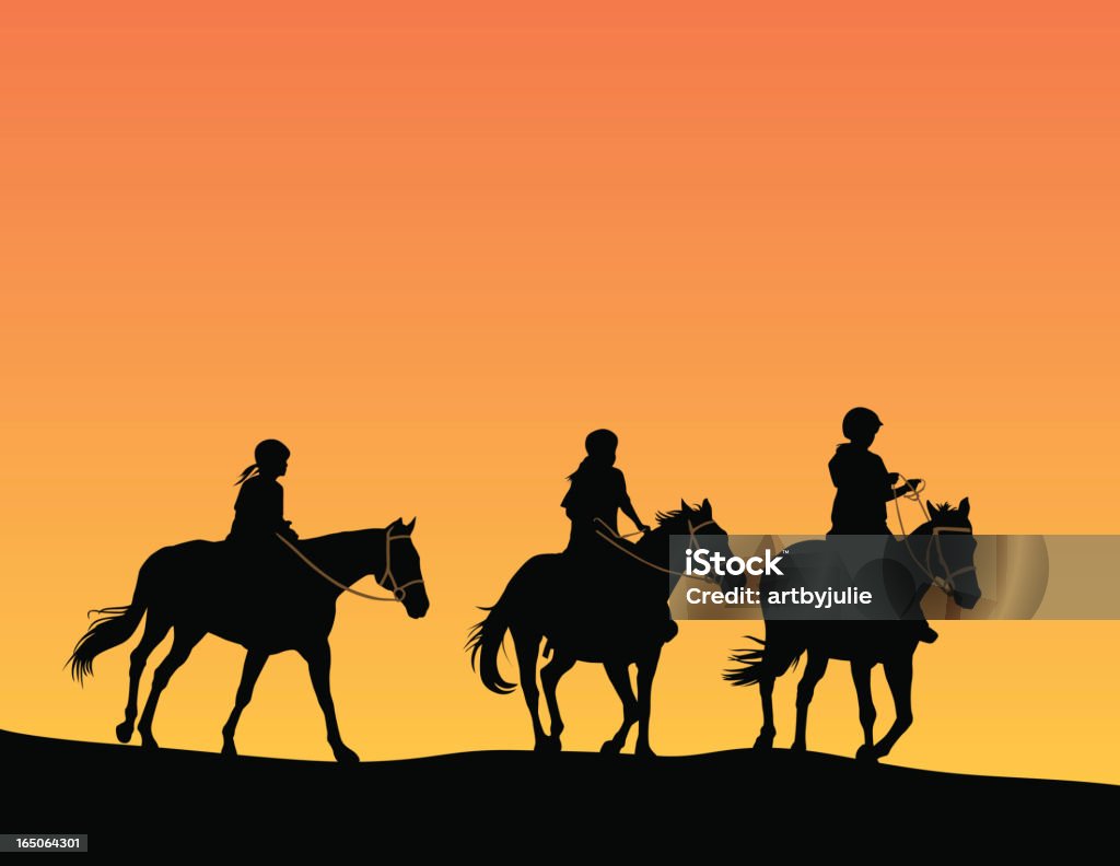 Girls on horseback Silhouttes of three girls on horseback. Each horse with rider are separate objects. Bridle and reins are in contrasting color. Horse stock vector