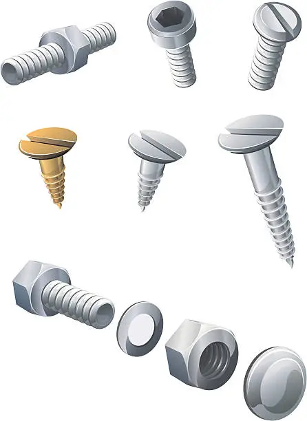 Vector illustration of Assorted Screws, Nuts, and Bolts