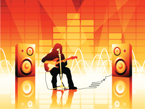 Musician jamming away in front of large equalizer.  File organized neatly with musician, background, speakers and reflections on separate layers.