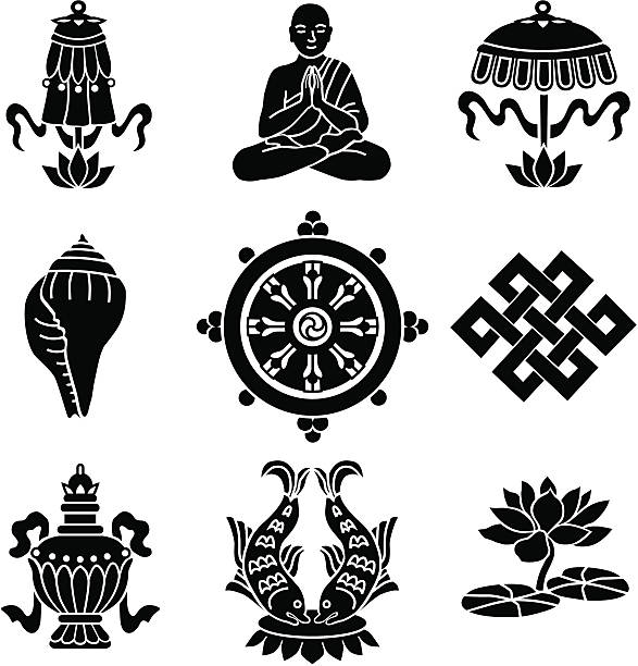 ilustraciones, imágenes clip art, dibujos animados e iconos de stock de símbolos budistas - religion symbol buddhism fish