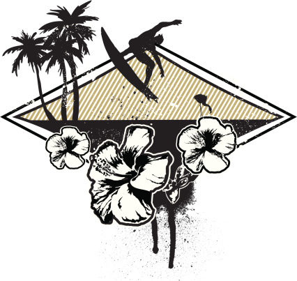 Surf emblem with surfer jumping over the horizon, palms, hibiscus and a flamingo