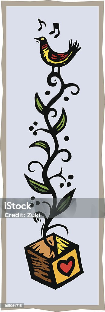 Love Bird bird on a branch coming out of a box with a heart. Animal stock vector