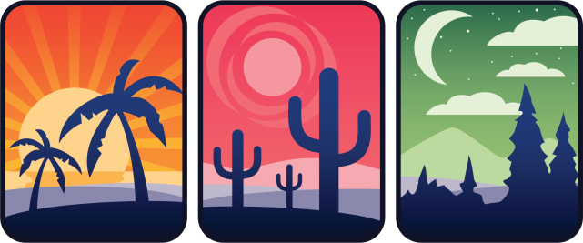A trio of icons showing a diversity of terrain.
