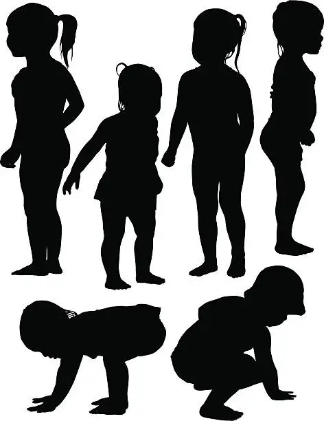 Vector illustration of Six silhouettes of toddlers playing at a water park