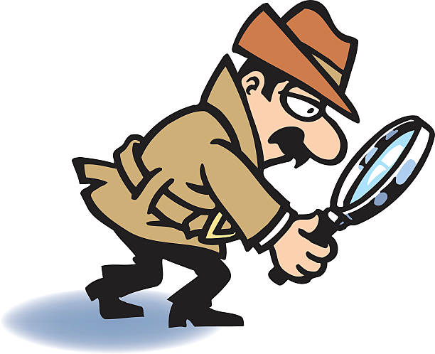 Cartoon drawing of detective with magnifying glass vector art illustration