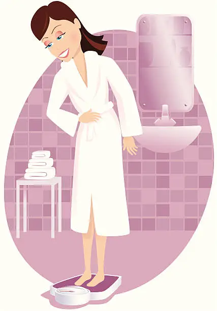 Vector illustration of Woman weighing herself on bathroom scales