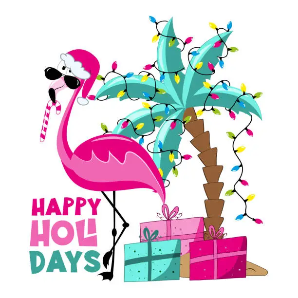 Vector illustration of Happy Holidays - flamingo in Santa hat, and with candy cane, palm tree with christmas lights and gift boxes