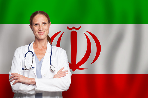 Irani general practitioner doctor gp on the flag of Iran