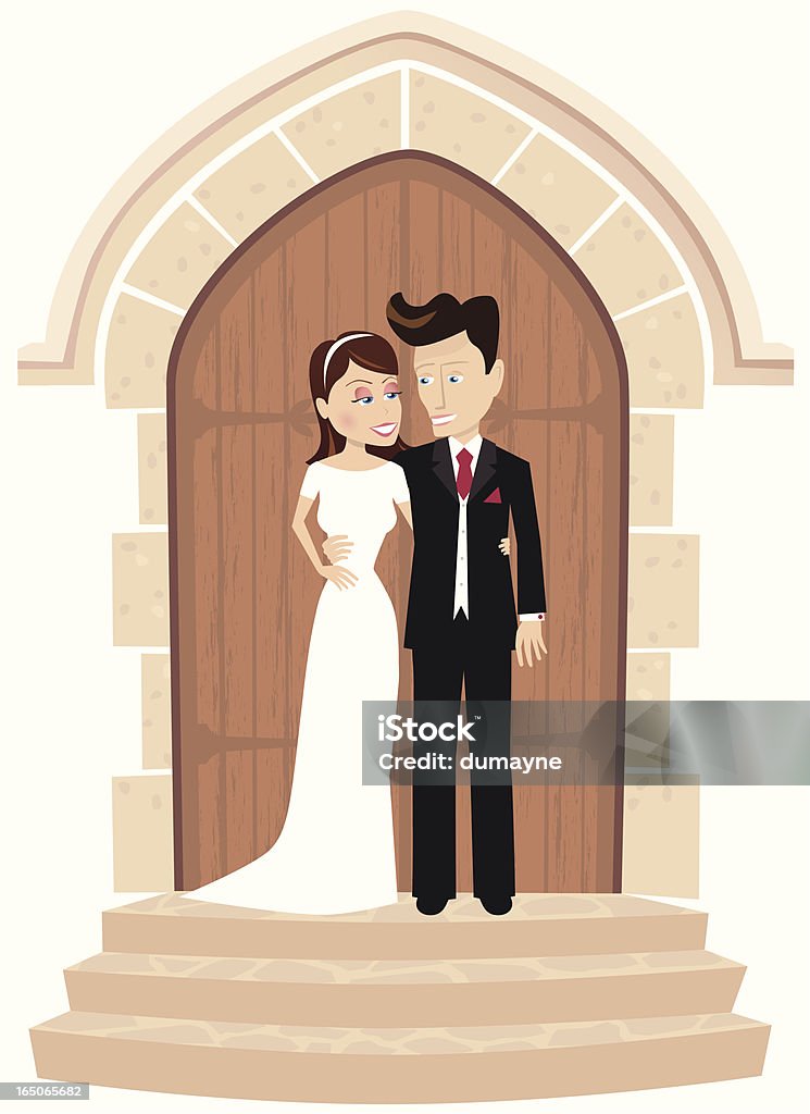 Coppia di sposi in posa in Chiesa della portiera - arte vettoriale royalty-free di Chiesa