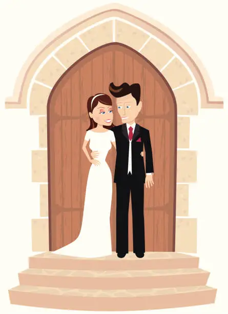 Vector illustration of Wedding couple posing at church door