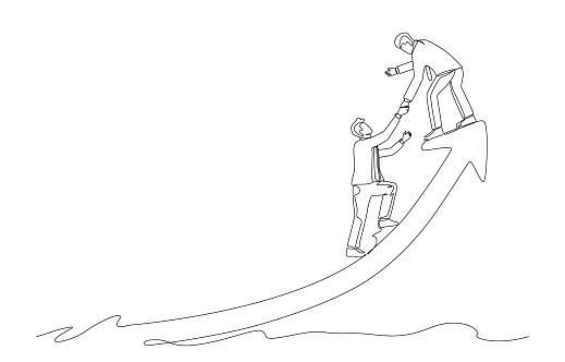 Continuous one line drawing of businessman helping colleague to climb up rising arrow, collaboration and mentorship concept, single line design vector illustration.