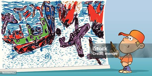 Child Looking A Wall Full Of His Colored Drawings Stock Illustration - Download Image Now - Child, War, Graffiti