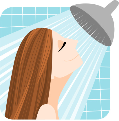 A cartoon woman taking a shower