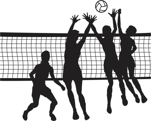 istock Of people jumping for volleyball in front of net 165066807