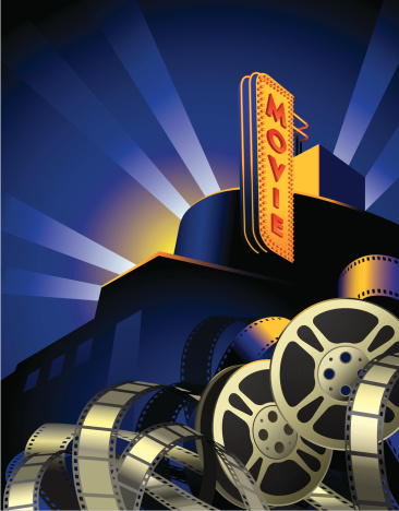 Metal Movie Reels juxtaposed with Film Stripes in front of an Art Deco styled Movie Theater Building with a Neon Sign says 
