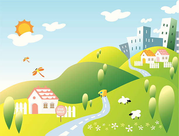 ilustrações, clipart, desenhos animados e ícones de rural casa e cidade paisagem de colinas - city of nice illustrations