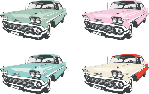 Highly detailed vector illustration of four classic 1950s cars in different colors: light green, pink, light blue, and white with red.