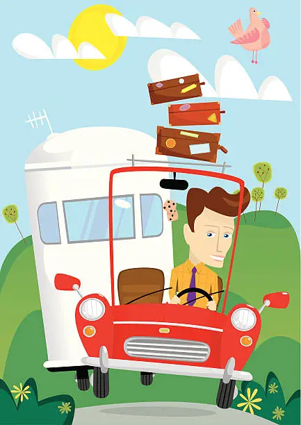 Vector illustration of Young man driving on vacation with caravan