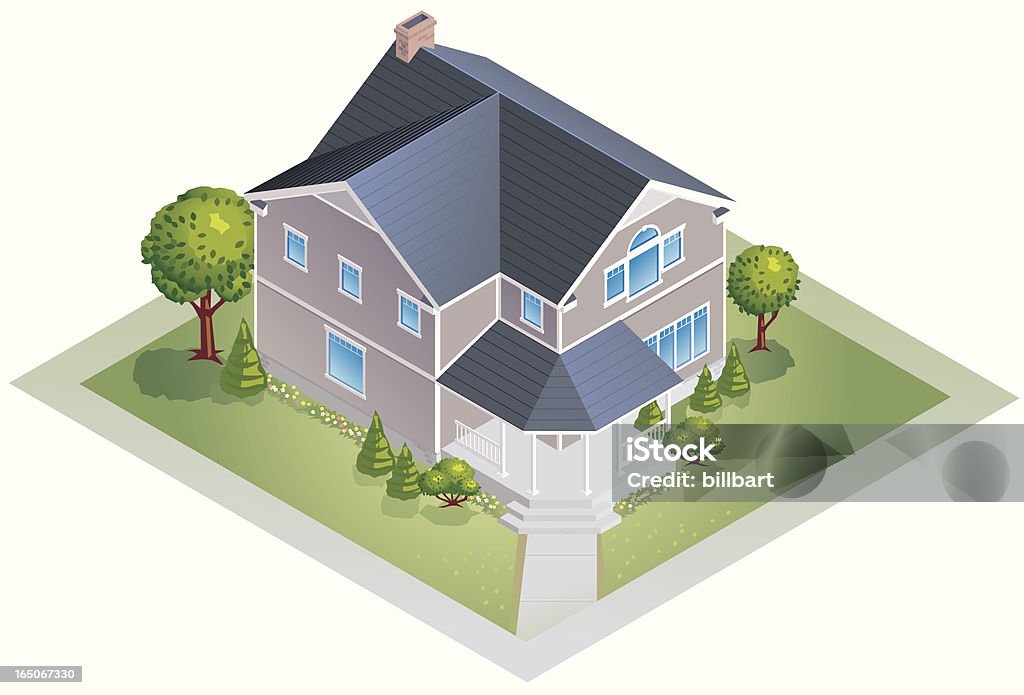 Digital illustration of a new house in 3D An isometric view of a modern looking family home and yard with landscaping.  House stock vector