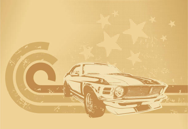 Retro muscle car (mustang) with stars and stripes. Grunge texture. Detailed illustration of the car.