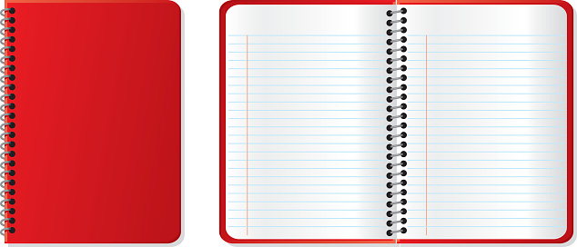 A closed red notebook next to an open red notebook