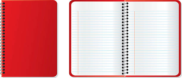 A closed red notebook next to an open red notebook notebook cover and inside ruled paper stock illustrations