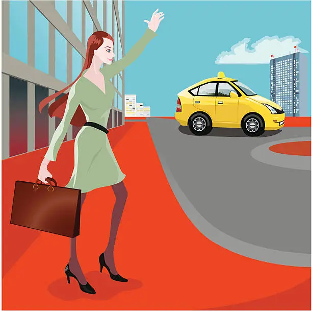 Vector illustration of busy working girl hitching a taxi