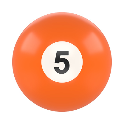 Billiard ball number five orange color isolated on white background. Realistic glossy snooker ball. 3D rendering 3D illustration