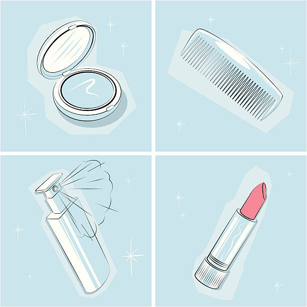 Cosmetics Kit Stylized mid-century modern illustrations of everyday make-up objects. These objects include a compact, comb, perfume bottle and lipstick. All images include shadows, are outlined with abstract shapes and filled in with stars. compact mirror stock illustrations