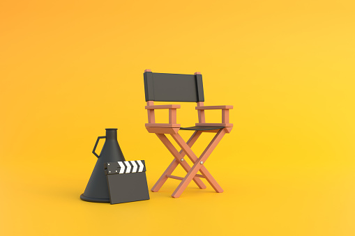 Director chair, clapperboard and megaphone on yellow background. Movie industry concept. Cinema production design concept. 3d rendering illustration