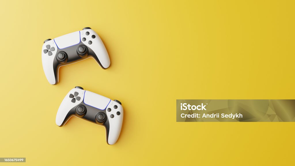 Gamepad on a yellow background with copy space Gamepad on a yellow background with copy space. Joystick for video game. Game controller. Creative Minimal Gaming concept. Top view. 3D rendering illustration Game Controller Stock Photo