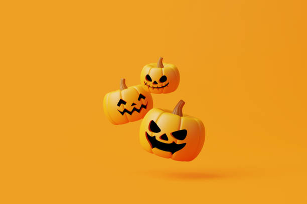 istock Jack-o-Lantern pumpkins floating on orange background 1650675542