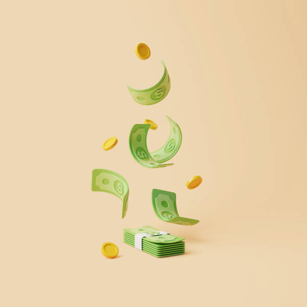 istock Dollar banknotes with gold coins floating on beige background 1650675752