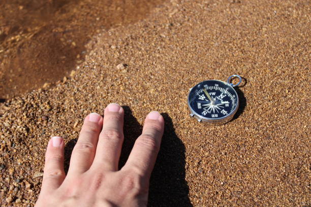 kierunek, kompas i męska ręka na piasku na plaży. pomóż zdjęcie tematyczne - compass exploration the way forward beach zdjęcia i obrazy z banku zdjęć