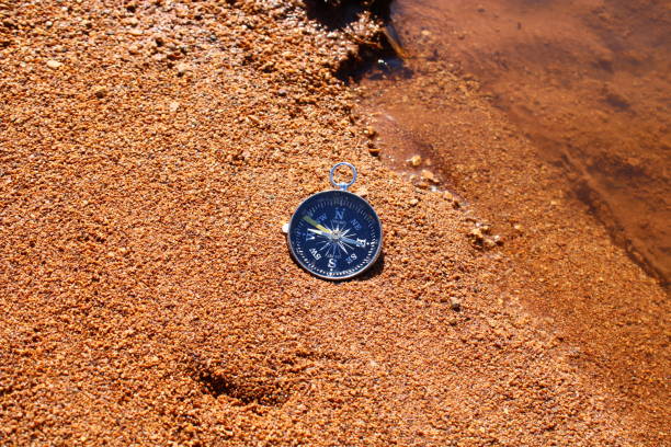 kompas kierunkowy na piasku plaży - compass exploration the way forward beach zdjęcia i obrazy z banku zdjęć