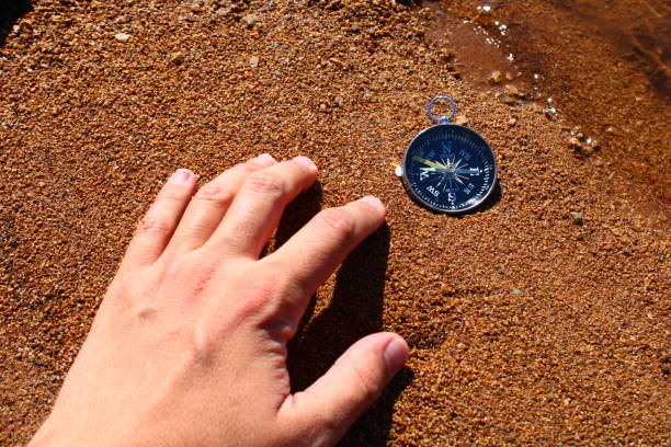 kierunek, kompas i męska ręka na piasku na plaży. pomóż zdjęcie tematyczne - compass exploration the way forward beach zdjęcia i obrazy z banku zdjęć