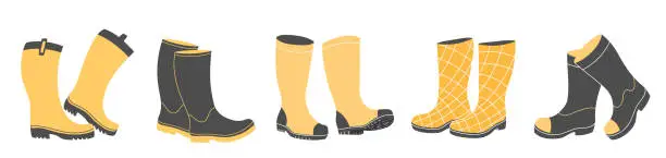 Vector illustration of Yellow and black wellies collection. Rubber boots autumn concept. Set of gumboots on a white background. Autumn footwear. Vector illustration