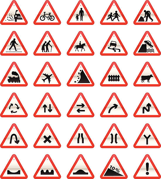 brytanii znaki drogowe: seria dotyczące nieprzewidzianych okoliczności - arrow sign road sign fence stock illustrations