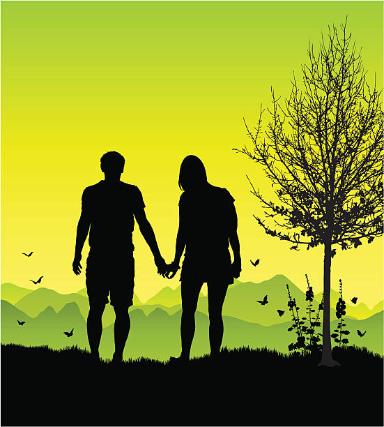 ilustrações de stock, clip art, desenhos animados e ícones de casal em um passeio romântico - contemplation silhouette tree men