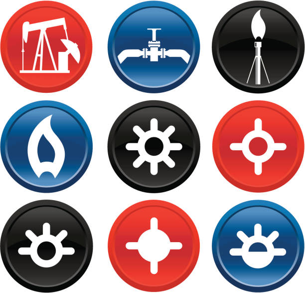 Oil and Gas Icons on Buttons Series Two Oil and Gas icons on red, blue and gray buttons. natural gas pipeline clip art stock illustrations