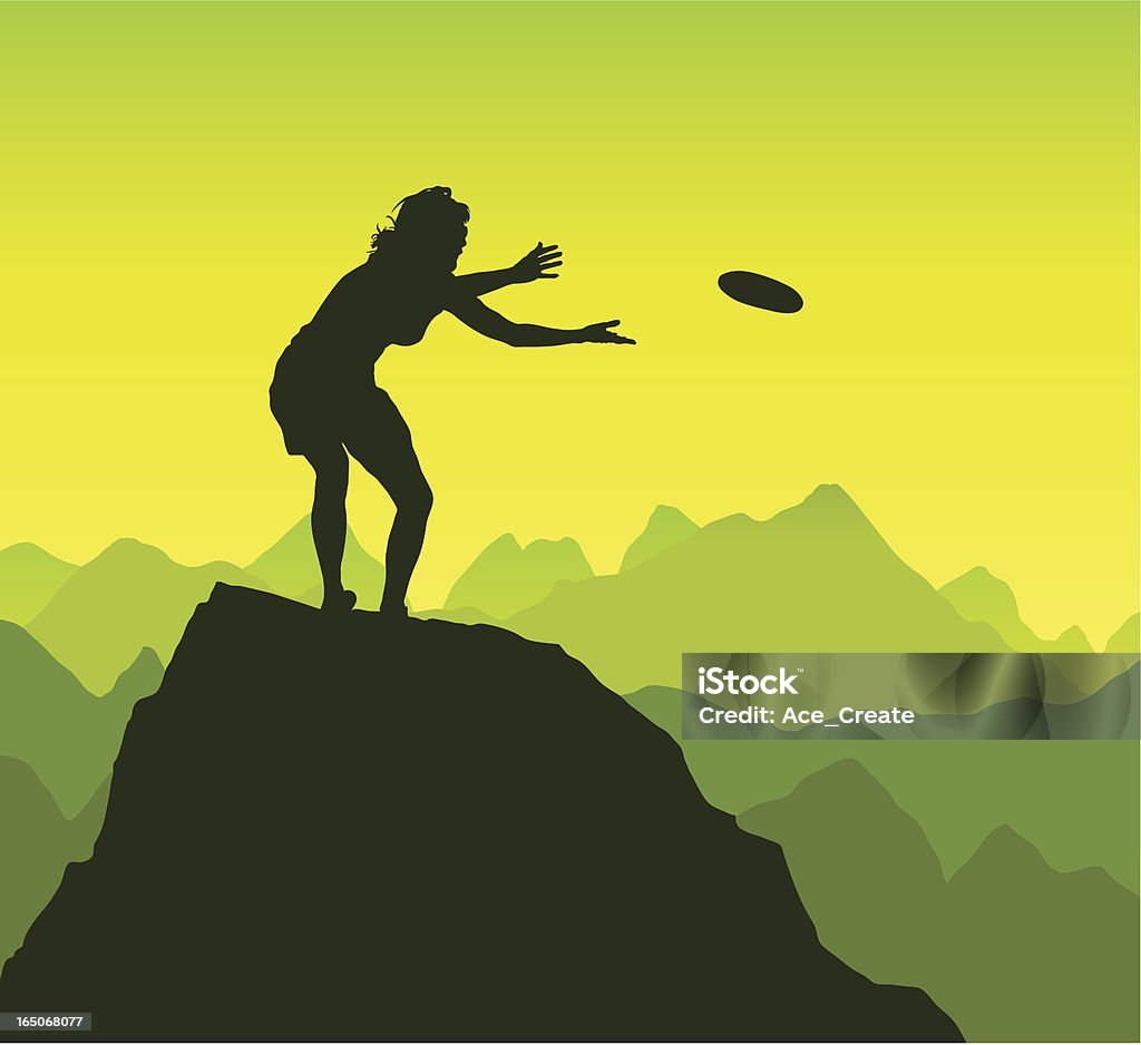 Frisbee catch on a rocky peak A woman plays extreme frisbee on a rocky peak. Catching stock vector