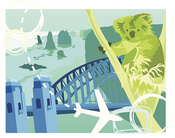 illustrazioni stock, clip art, cartoni animati e icone di tendenza di viaggi: in australia - koala australia sydney australia animal